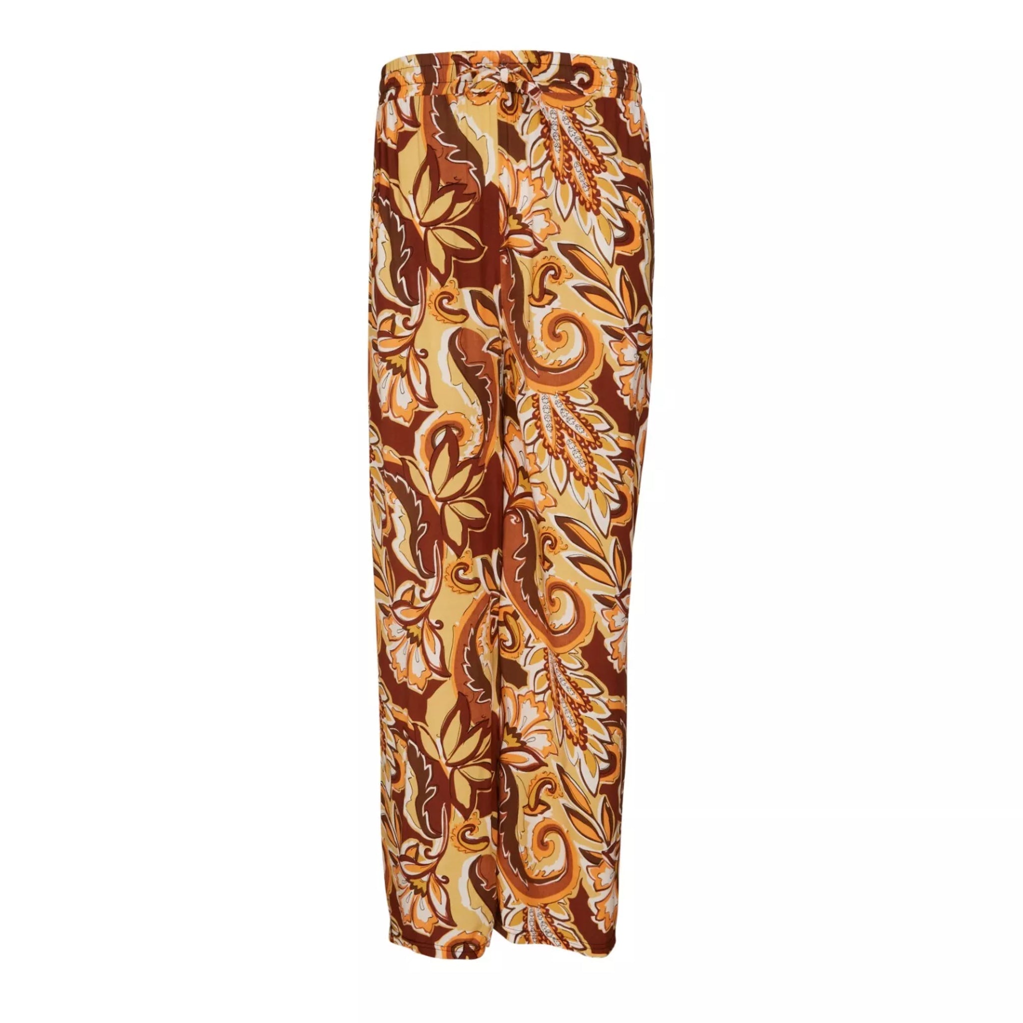 Ladies' brown and mustard paisley print palazzo trousers – lightweight wide leg summer pants with elasticated waistband